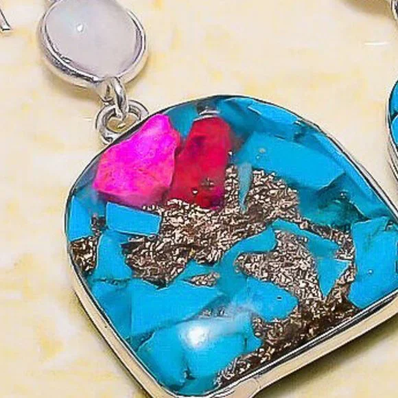 NEW Spiny Oyster Moonstone Gemstone Handmade Gift Jewelry Earrings 1.97" Silver - Picture 4 of 5